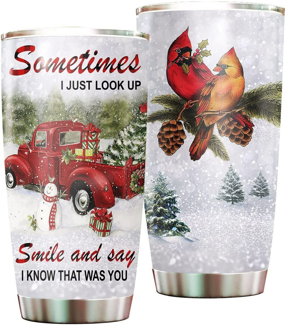 Cardinal Bird Christmas Tumbler, Sometimes I Just Look Up, Gift For Wife Tumbler Cup with Lid,Christmas Stainless Steel Double Wall Insulated Cups, Coffee Tumbler