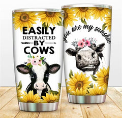 Sunflower Cow Tumbler Cup with Straw Stainless Steel, Cattle Travel Cup with Lid Vacuum Insulated Coffee Mug, Heifer Coffee Mug Double Walled Inspiration Sport Cup for Men Boys Friends Girls