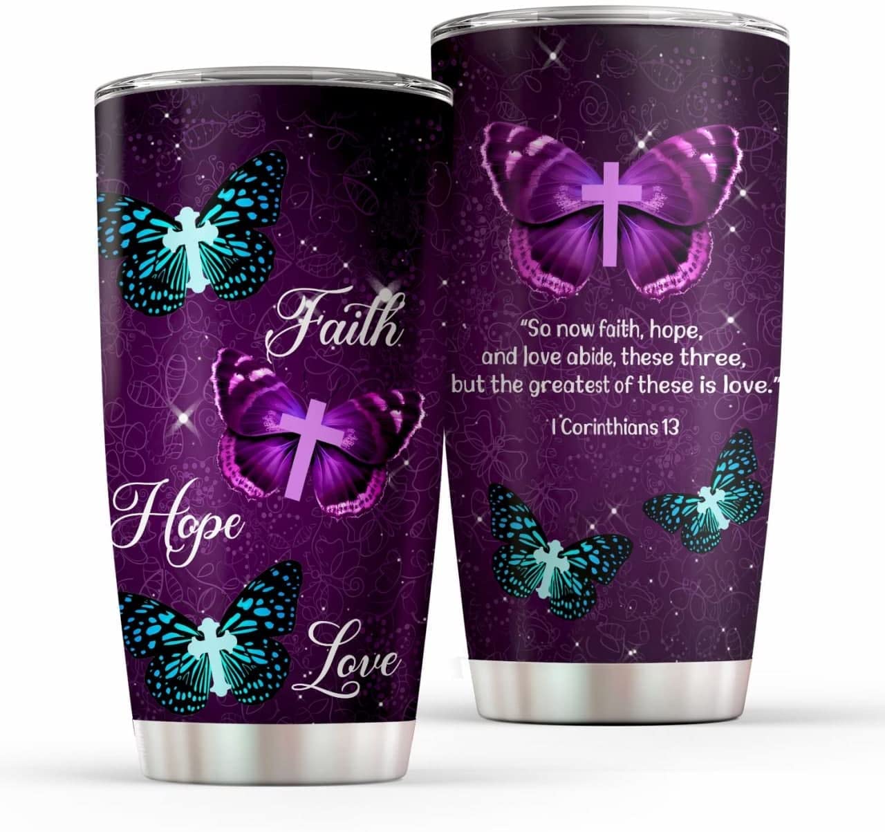 Purple Butterfly Faith Hope Cross Bible Love I Believe In God Personalized Stainless Steel Tumbler Gift For Women Bible Study Christian For Birthday Aniversary Wedding Holiday
