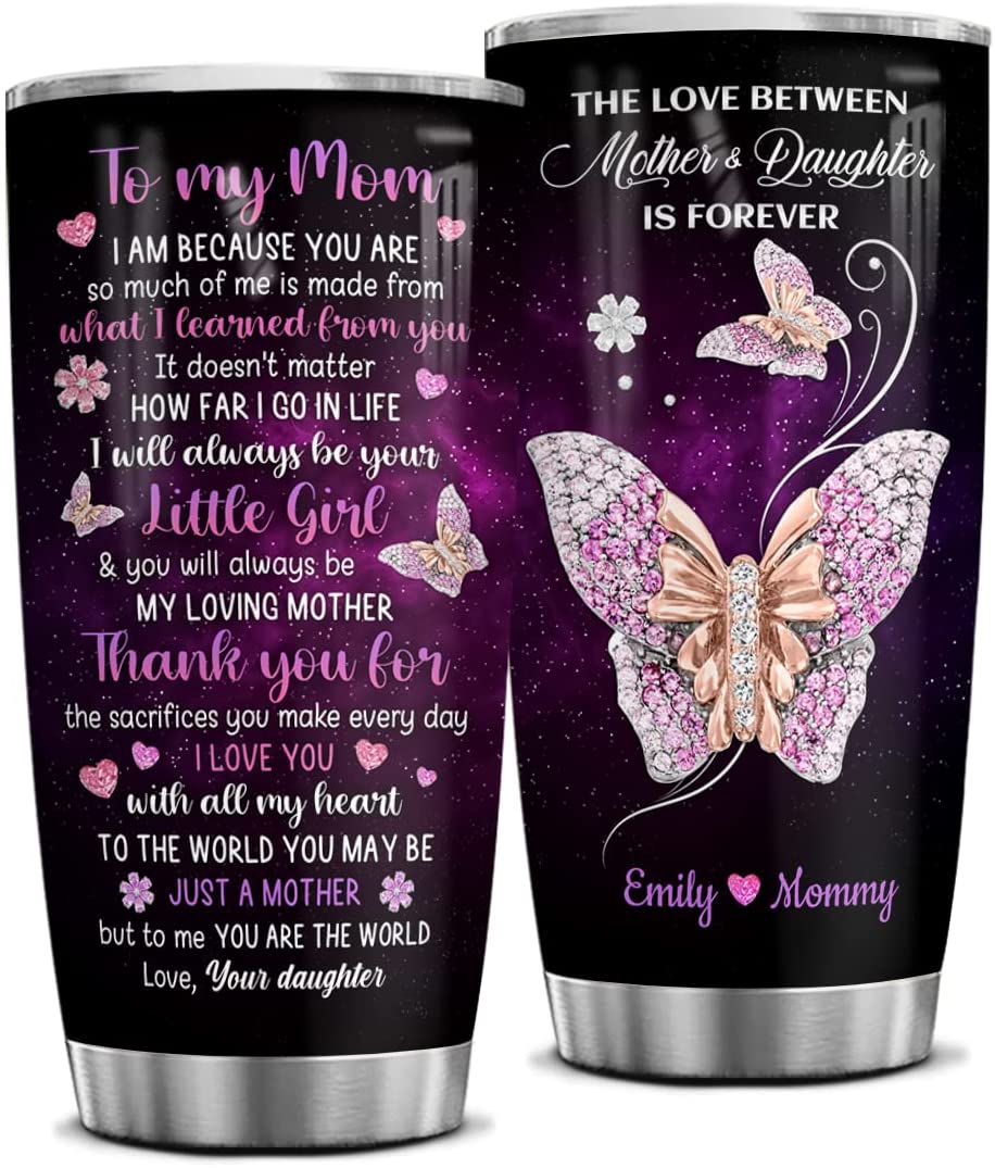 Mom Tumbler Personalized Mothers Day Gifts From Daughter Butterfly Jewelry Drawing Style Stainless Steel Tumblers With Lid Custom Birthday Christmas Presents For Best Mom Ever