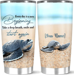 Personalized Every day Is A New Beginning, Inspirational Quote Turtle Tumblers, Customized Name Coffee Tea Gift For Women Men Friends Sisters On Holiday Birthday Travel Use White 20,