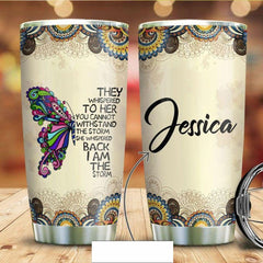Personalized Butterfly They Whispered To Her Back I Am The Storm Stainless Steel Vacuum Insulated With Lids Skinny Tumbler StrawNo Straw Sporty Travel Coffee Tumbler, Multicolor
