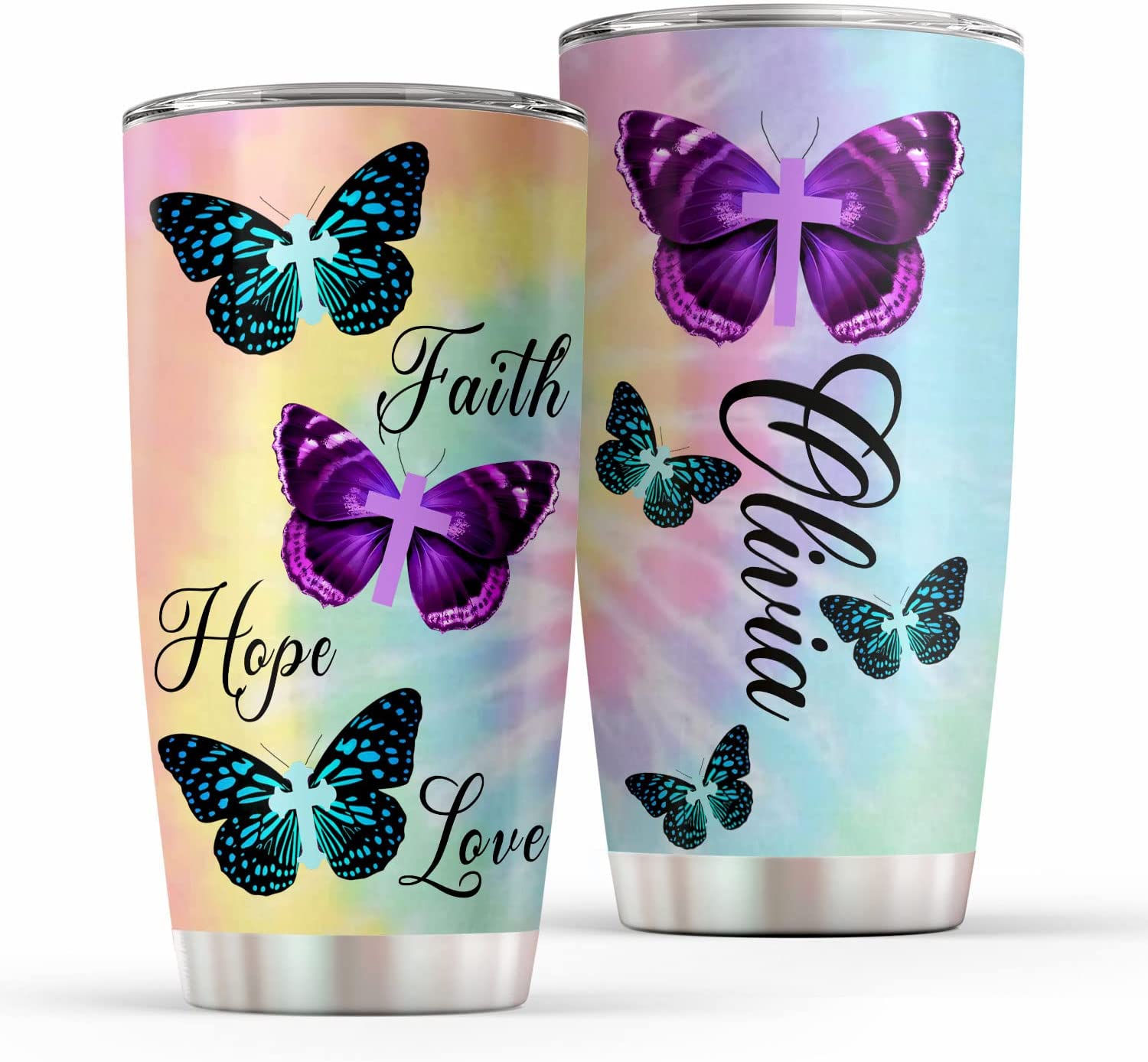 Excelliti Hippie Tie Dye Faith Hope Love Butterfly With Cross Personalized Stainless Steel Tumbler Gift For Women Wife Mom Christian On Christmas Thanksgiving Birthday Aniversary Wedding Holiday