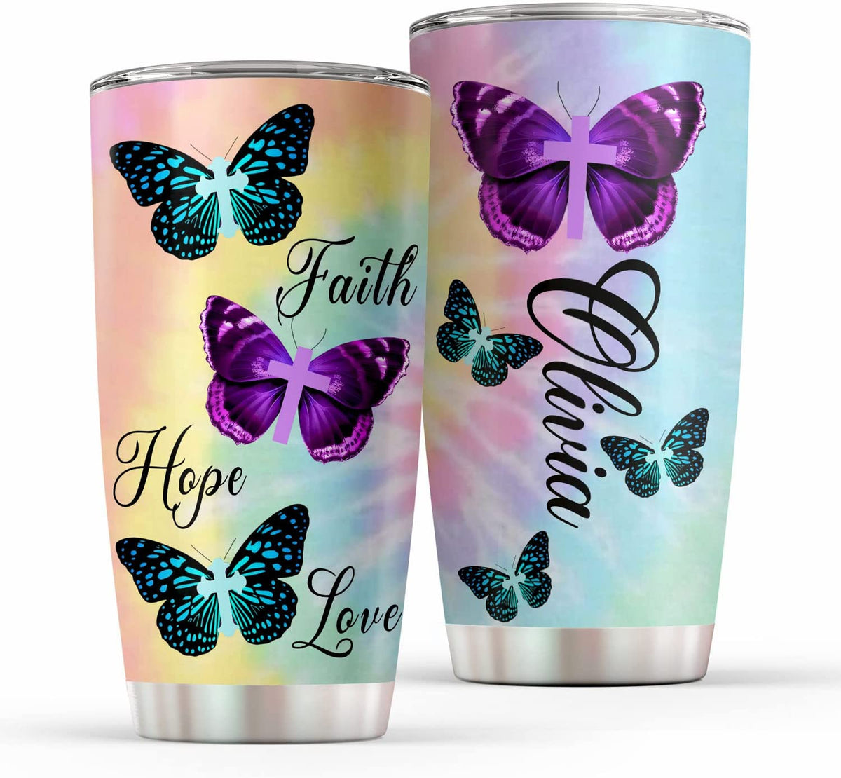 Excelliti Hippie Tie Dye Faith Hope Love Butterfly With Cross Personalized Stainless Steel Tumbler Gift For Women Wife Mom Christian On Christmas Thanksgiving Birthday Aniversary Wedding Holiday