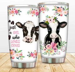 Flowers Cow Vacuum Thermos Insulated Tumbler with Lid and Straw,Flower Coffee Cup,Just a Girl Who Loves Cows Stainless Steel Tumblers Travel Mug