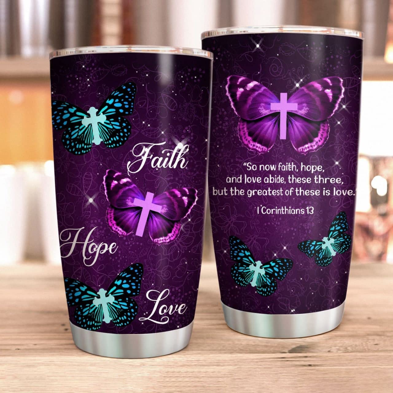 Purple Butterfly Faith Hope Cross Bible Love I Believe In God Personalized Stainless Steel Tumbler Gift For Women Bible Study Christian For Birthday Aniversary Wedding Holiday