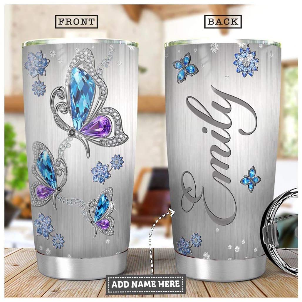 Butterfly Jewelry Style Personalized Stainless Steel Vacuum Insulated Tumbler, Customized Double Wall Travel Tumbler with Sliding Lid, Thermal Cup