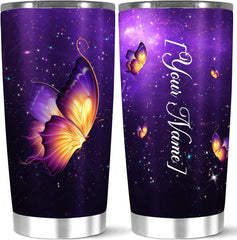 Personalized Coffee Tea Tumbler, Customize Aesthetic Purple Galaxy Butterfly Tumbler, 20 Stainless Steel Tumblers For Men Women Boy Girl Teen, Unique Birthday Gift Home Use, White