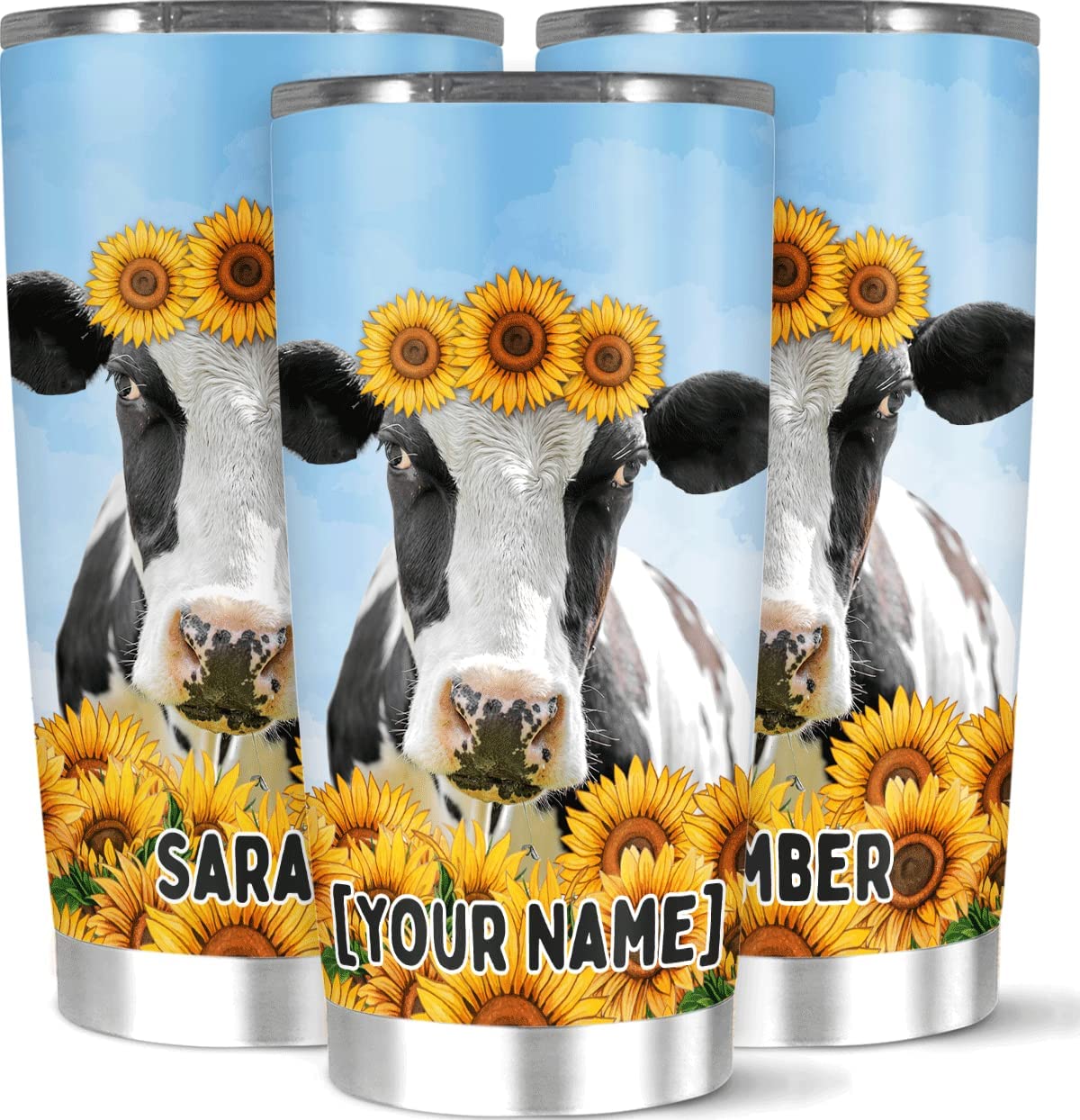 Personalized Coffee Tumbler Customized Name Cow And Sunflower Tumblers Gifts For Women Girl Teen On Birthday Holiday Cup Mug 20 Stainless Steel Home Travel Office Use