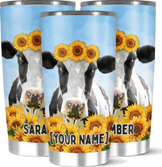 Personalized Coffee Tumbler Customized Name Cow And Sunflower Tumblers Gifts For Women Girl Teen On Birthday Holiday Cup Mug 20 Stainless Steel Home Travel Office Use