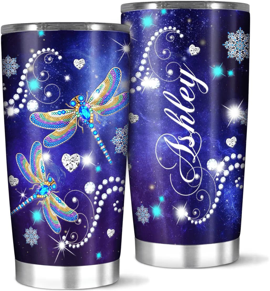 Personalized Coffee Tumbler, Customized Dragonfly Jewelry Tumblers, Large 20 Mug Cup Stainless Travel Mugs, Gifts For Dragonfly Lover, Women Men On Birthday, Office Home