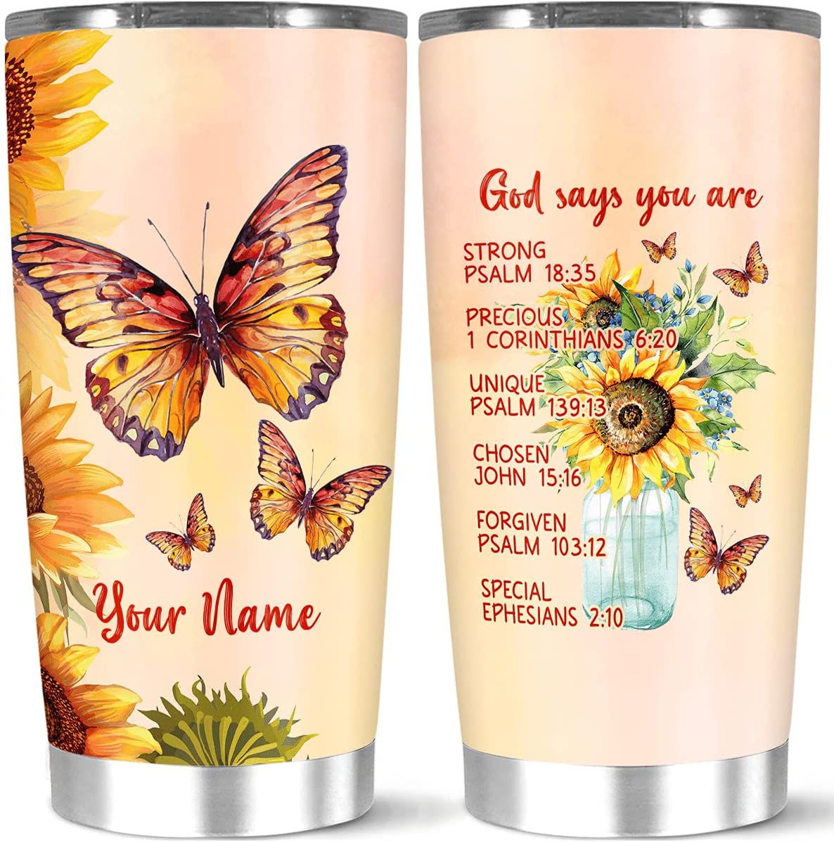 Personalized Coffee Tumbler God Says You Are Strong Precious Unique, Custom Name Sunflower Butterfly Insulated Cup, Gift For Family, Friend On Birthday, 20 Or Stainless Steel 20,