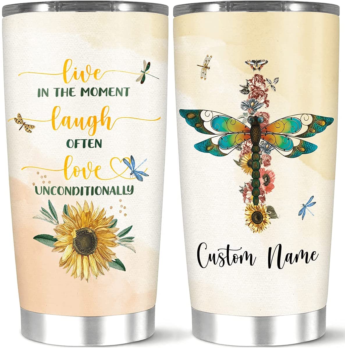 Customize Dragonfly And Flower Insulated Coffee Tumbler For Insect Lover, Unique Birthday Gift, Premium Personalized Dragonfly Hot Cold Cup, Name Custom 20 Or Stainless Steel