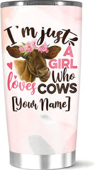 Personalized Coffee Tumbler Customized Name Girl Loves Cow Animal Gifts For Women Sister Teen On Birthday Holiday Cup Mug 20 Stainless Steel Home Travel Office Use