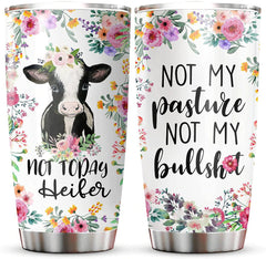 Not Today Heifer Floral Cow Print Tumbler With Lid, Not My Pasture Not My Bull Lovely Farm Animals With Flowers Double Wall Insulated Coffee Mugs Birthday Gifts For Women