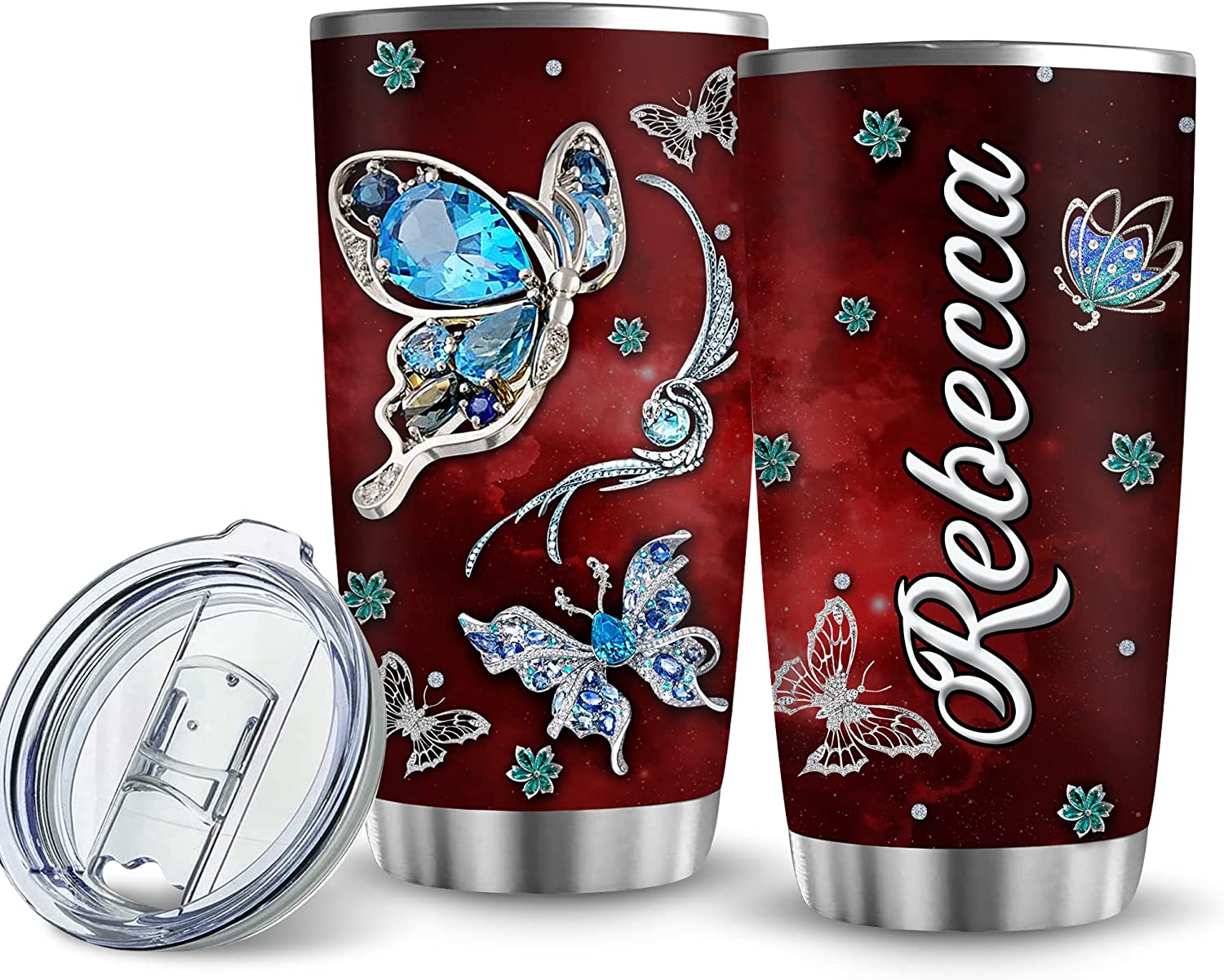Personalized 3D Butterfly Tumbler, Butterfly Coffee Tumbler, Jewelry Style Tumbler With Lid Gift Custom Name For Family Mom Daughter Women Friend Birthday Christmas Thanksgiving Mother Day Red