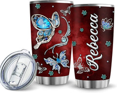 Personalized 3D Butterfly Tumbler, Butterfly Coffee Tumbler, Jewelry Style Tumbler With Lid Gift Custom Name For Family Mom Daughter Women Friend Birthday Christmas Thanksgiving Mother Day Red