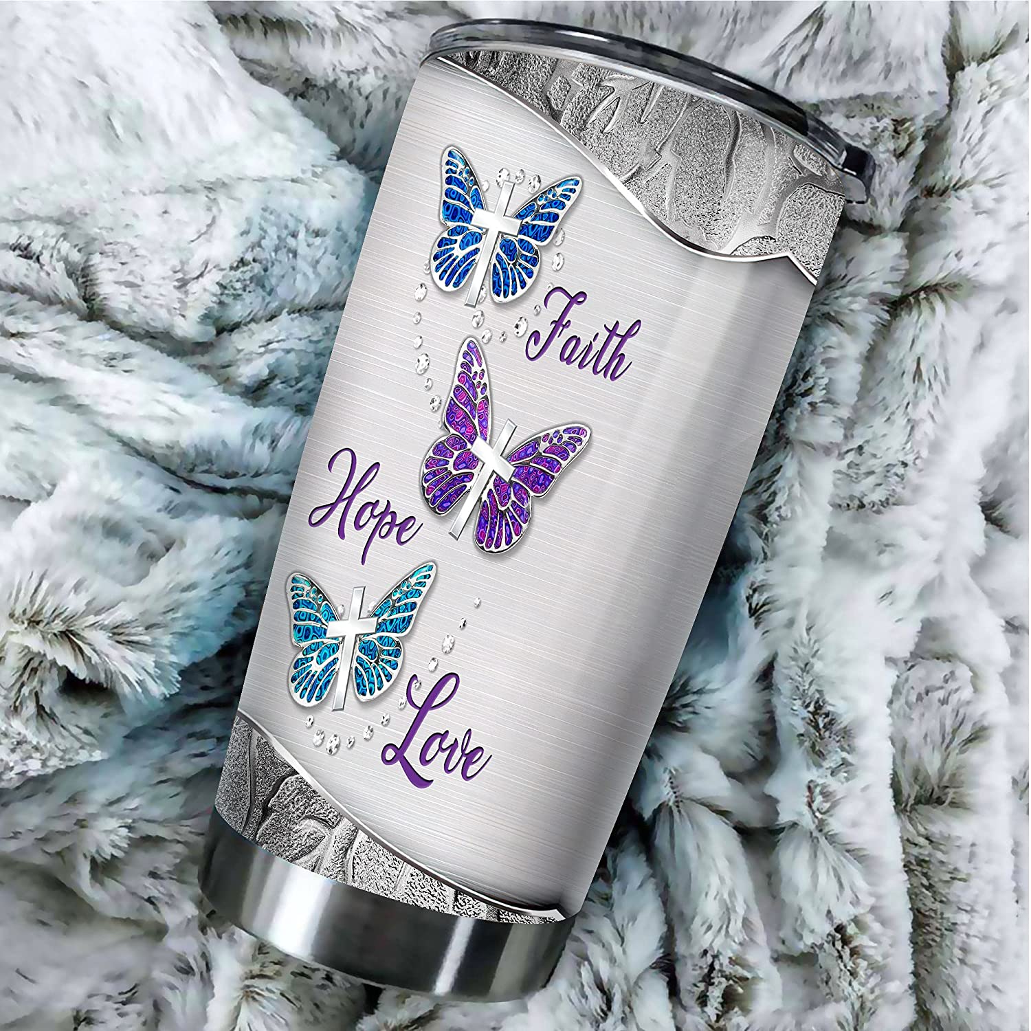 Faith Hope Love Tumbler, Butterfly Silver Style Personalized Stainless Steel Tumbler, Butterflies Gifts, Butterfly Gifts For Women, Christian Gift, Faith Gift, Faith Cross