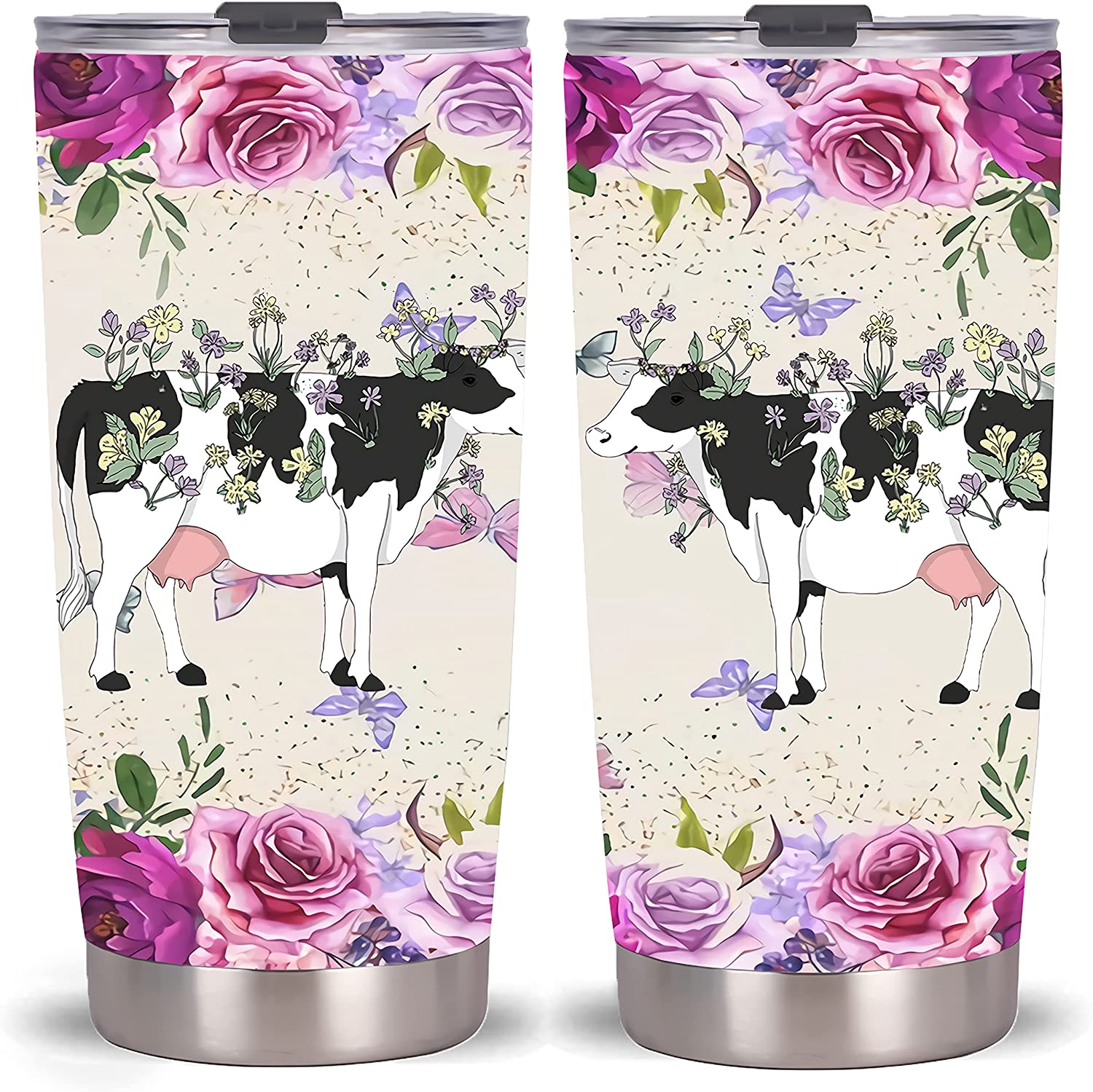 Cow Tumbler Travel Mug Stainless Steel Vacuum Insulated Cup With Lid (Fuchsia Floral and Cow)