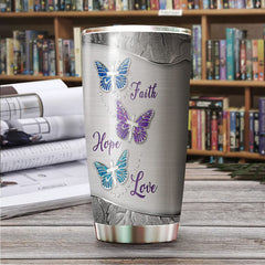 Faith Hope Love Tumbler, Butterfly Silver Style Personalized Stainless Steel Tumbler, Butterflies Gifts, Butterfly Gifts For Women, Christian Gift, Faith Gift, Faith Cross