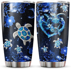 Blue Turtle Tumbler, Heart Turtle Jewelry Style,Gift for Sea Ocean Turtle Lovers,Birthday Woman Girl Tumbler Stainless Steel Cup with Lid,Double Wall Vacuum Sporty Thermos Insulated Travel Coffee Mug