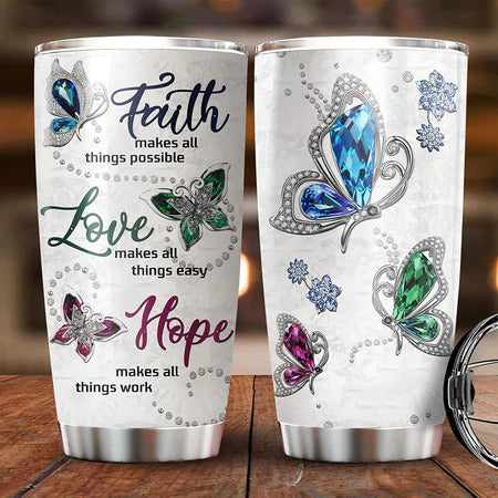 Butterfly Jewelry Faith Tumbler, Faith Makes All Things Possible Gifts For Mom Mothers day, Gifts Daughter Son Birthday Tumbler Cup with Lid Double Wall Vacuum Thermos Insulated Travel Coffee Mug