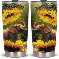 Insulated Tumbler With Lids , Stainless Steel Double Vacuum Coffee Tumbler Cup, Tumbler Travel Mug (Sunflower Elephant)