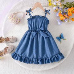 Toddler Girls Sleeveless Denim Ruffles Suspenders Dress Dance Party Princess Dresses Clothes Toddler Girl Outfit
