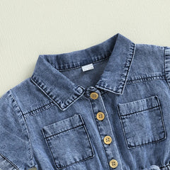 Toddler Girls Denim Overalls Shorts Short Sleeves Turn Down Collar Button Down Elastic Waist Jean Jumpsuit