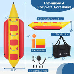 3-Person Inflatable Banana Boat w Boating and Water Sports Electric Air Pump