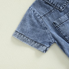Toddler Girls Denim Overalls Shorts Short Sleeves Turn Down Collar Button Down Elastic Waist Jean Jumpsuit