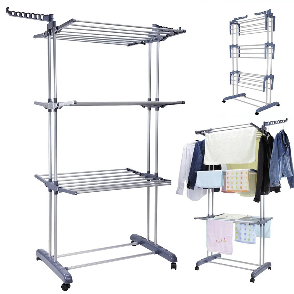 Clothes Drying Rack 4-Tier Foldable Stainless Steel Movable Clothing Airer Multifunctional Laundry Coat Rack Household
