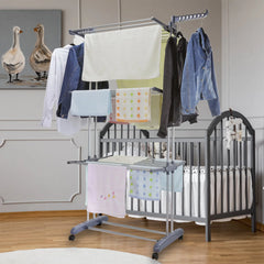 Clothes Drying Rack 4-Tier Foldable Stainless Steel Movable Clothing Airer Multifunctional Laundry Coat Rack Household