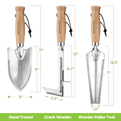 WORKPRO Garden Tool Set 3 Pcs Gardening Tools with Wood Handle, Weed Puller, Crack Weeder and Hand Trowel, Durable Garden Hand