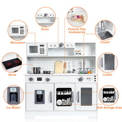 Wooden Play Kitchen Kids Playset with Cookware Accessories, Microwave, Oven, Sink, Real Lights & Sounds for Chef Pretend Play