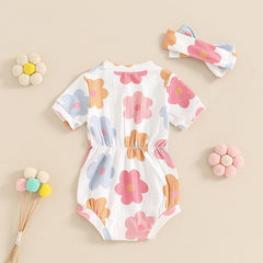 Lioraitiin 0-18M Summer Baby Girls Casual Romper Short Sleeve O Neck Floral Print Romper with Headband