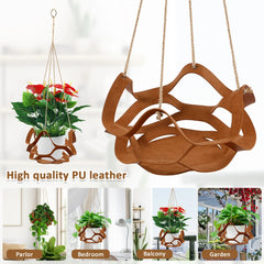 2Pcs Hanging Basket 9/12Inch PU Leather Flower Pot Hanger Garden Hanging Planter Display Rack Set for Indoor Outdoor Home Decor