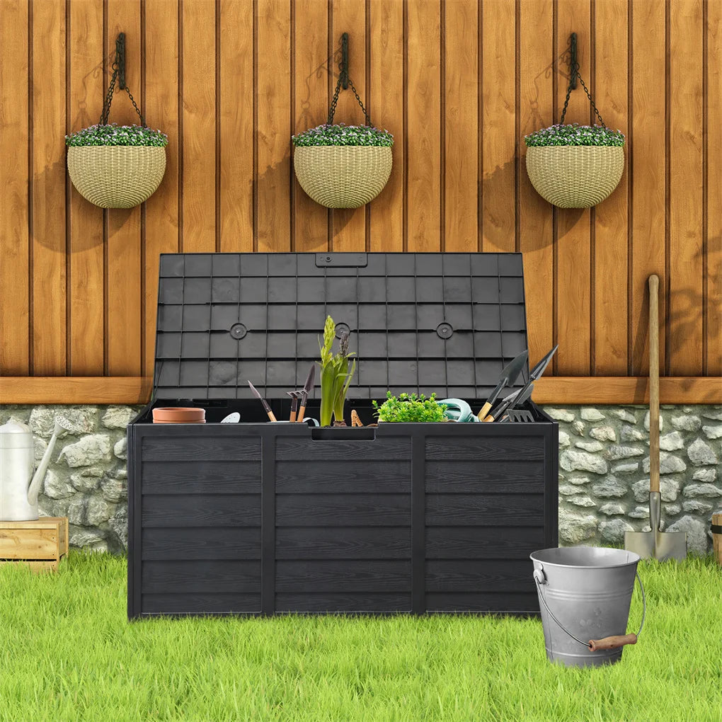 75gal Outdoor Garden Plastic Storage Deck Box Chest Tools Cushions Toys Lockable Seat