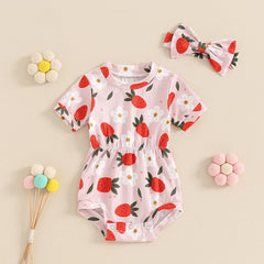 Lioraitiin 0-18M Summer Baby Girls Casual Romper Short Sleeve O Neck Floral Print Romper with Headband