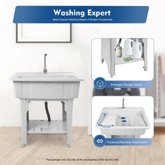 Multi-functional Plastic Laundry Sink, Ergonomic 31.5in Height, Pet Bath, Storage Rack, Gray Modern Design, Easy Install