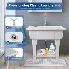 Multi-functional Plastic Laundry Sink, Ergonomic 31.5in Height, Pet Bath, Storage Rack, Gray Modern Design, Easy Install