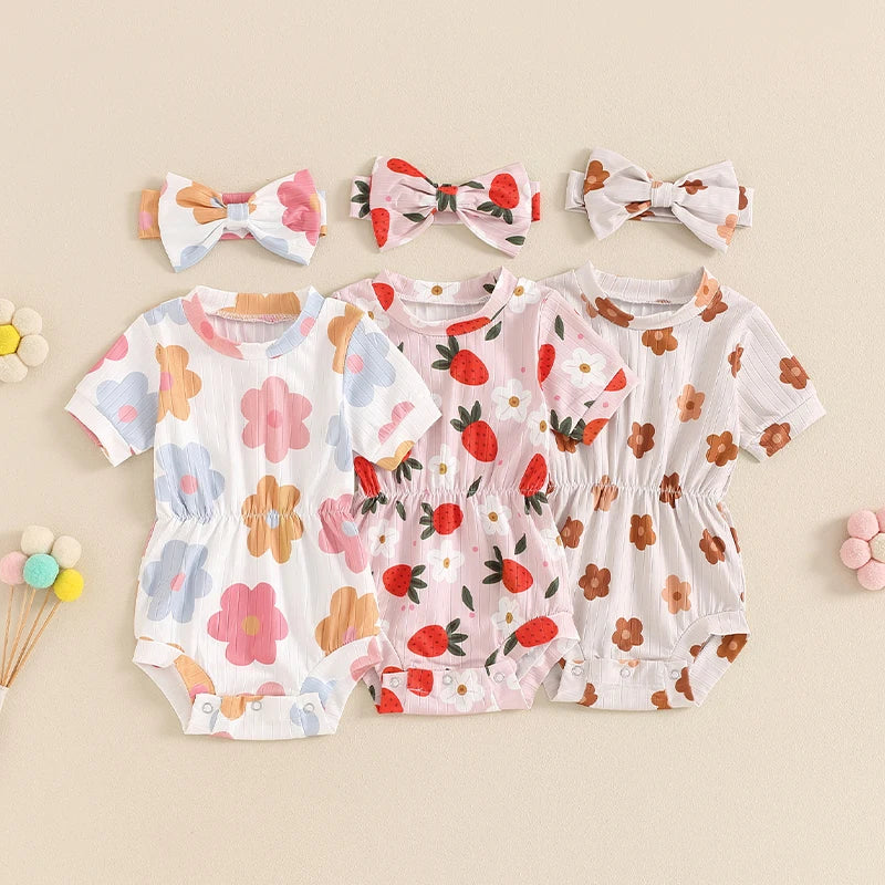 Lioraitiin 0-18M Summer Baby Girls Casual Romper Short Sleeve O Neck Floral Print Romper with Headband