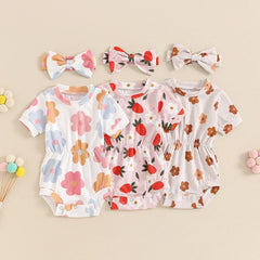Lioraitiin 0-18M Summer Baby Girls Casual Romper Short Sleeve O Neck Floral Print Romper with Headband