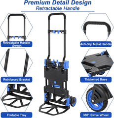 2-in-1 Hand Truck Dolly Folding Basket, 330LBS Platform Cart Dolly, Collapsible Utility Luggage Dolly Cart, WRetractable Handle