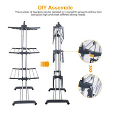 Clothes Drying Rack 4-Tier Foldable Stainless Steel Movable Clothing Airer Multifunctional Laundry Coat Rack Household