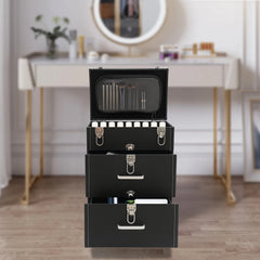 Professional Makeup Train Case with 45 Slots, Silent Wheels, Telescopic Handle, Removable Bag, Spacious Storage for Beauty Tools