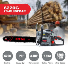 Gas Powered Chainsaw 20IN 6220G 62CC 2-Cycle Gas Powered Chainsaw Handheld Cordless Petrol Gasoline Chain Saw for Farm, Garden