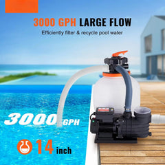 Sand Filter Pump for Above Ground Pools,14-inch,3000 GPH,3/4 HP Swimming Pool Pumps System & Filters Combo Set & Strainer Basket