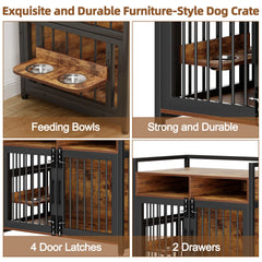 41/48 Inch Wooden Dog Crate Furniture with Storage Drawers, Adjustable Raised Feeder, Indoor Pet House for Large & Medium Dogs