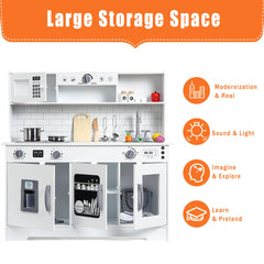 Wooden Play Kitchen Kids Playset with Cookware Accessories, Microwave, Oven, Sink, Real Lights & Sounds for Chef Pretend Play